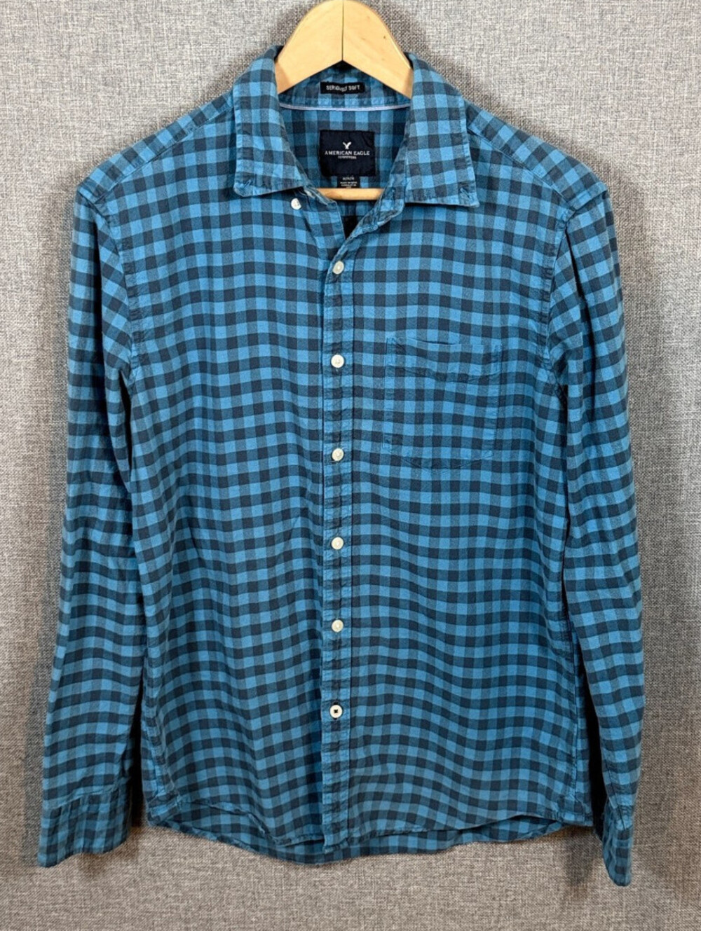 American Eagle Seriously Soft Flannel Shirt Mens M Blue Gingham Check Button Up